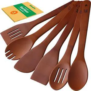 Riveira Premium Brown Bamboo Wooden Spoons for Cooking Set of 6  Premium Brown Bamboo Wooden Cooking Utensils, Wooden Spatula, Wooden Spoon - Premium Quality Wooden Utensil Set for Non-Toxic Cooking