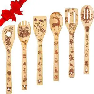 6 Pieces Christmas Wooden Spoons Set Burned Cooking Utensil Spoon Kitchen Spoon Decoration for Christmas Party House Kitchen Supplies