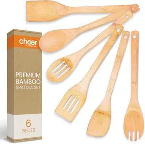 Cheer Collection Wooden Spoons for Cooking - Bamboo Cooking Utensils Set of 6, Wooden Utensil Set, Kitchen Utensils Set Wood, Wooden Spatula Set, Bamboo Kitchen Utensils for Safe Cooking