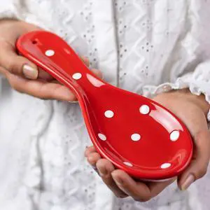 City to Cottage Spoon Rest for Stove Top, Large Ceramic Spoon Holder for Kitchen Counter, Cooking Utensil Rest for Countertop, Handcrafted Spoon Rest for Ladle, Spatula (Red Polka Dot)