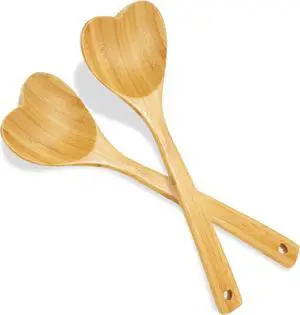Patelai 2 Pieces Wooden Heart Spoons for Cooking 12.2 Inch Bamboo Spoon Kitchen Utensils for Housewarming, Valentines, Birthday, Wedding Gifts