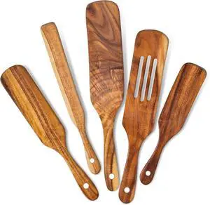 Wooden Spurtle Set Of 5, Acacia Wood Utensils For Kitchen, Heat Resistant Wooden Spoons for Cooking, Non-Stick Tool Sets, Verstile Tools, As Seen On TV Bamboo Spatulas, Premium Utensil Spoons