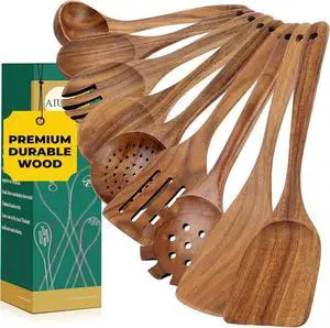 AIUHI Natural Teak Wood Kitchen Utensil Set, 9Pcs Wooden Spoons for Cooking, Cooking Utensils Set for Nonstick Cookware, Durable & Heat Resistant