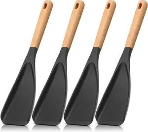4 Pcs Cooking Spoons for Nonstick Cookware 12 Inch Silicone Spoon Spatula with Wood Handle for Cooking, Serving, Mixing, Scoop, and Scrape(Black)