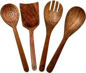 Wooden Spatula And Wooden Spoon for Cooking, Wood Utensils Set of 4  Non Stick Cookware for Serving, Stirring, Mixing, Scraping, Scooping