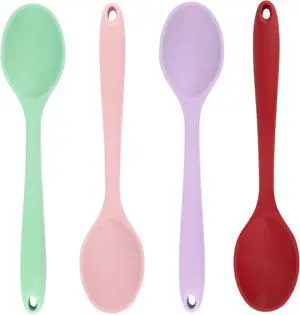 Cooking Spoon 4Pcs Red Pink Green Purple Large Serving Spoons Heat Resistant Silicone Spoon Non-Stick Mixing Kitchen Spoons Premium Silicone Kitchen Utenils for Stirring Baking Mixing Dishwasher Safe