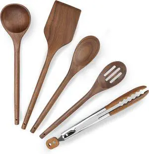 Elegant 5-Piece Walnut Wood Kitchen Utensil Set  Non-Scratch, Heat-Resistant Cooking Utensil Set with Kitchen Tongs, Spoons, Spatula & Ladle  Lightweight, Durable & Perfect for Daily Use or Gifting