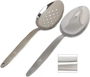 Kunz Perforated and Regular Set | Pack of 2 | 18/10 Stainless Steel | 9 Inch Cooking Dinner Serving Basting Quenelle Chef Spoon |