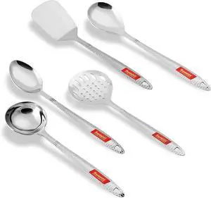Sumeet Stainless Steel Big Serving and Cooking Spoon Set of 5pc (1 Turner, 1 Serving Spoon, 1 Skimmer, 1 Basting Spoon, 1 Ladle)