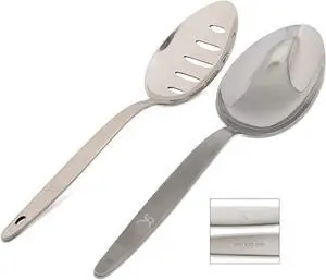 Kunz Slotted and Regular Set Pack of 2 | 18/10 Stainless Steel | 9 Inch Cooking Dinner Serving Basting Quenelle Chef Spoon |