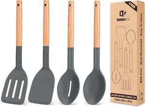 Pack of 4 Silicone Cooking Utensils Set, Non Stick Solid Spatulas and Heat Resistant Slotted Spoons with Wooden Handle, Ideal Wood Kitchen Utensils Set for Frying,Serving,Turning,Stirring (GRAY)