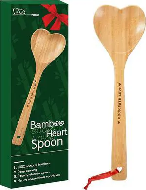 Bamboo Heart Shaped Spoon for Cooking - Wooden Cook with Love Spoon Kitchen Utensils, Valentines Mother's Day Gifts for Grandma Mom Couple Wife Hostesses House Warming