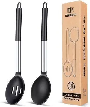 Pack of 2 Large Silicone Cooking Spoons,Non Stick Solid Basting Spoon,Heat-Resistant Kitchen Utensils for Mixing,Serving,Draining,Stirring (BLACK)