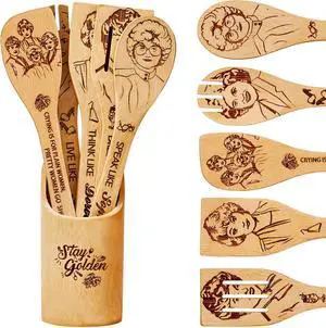 Golden Kitchen Decor Accessories Wooden Spoons for Cooking -Golden Merchandise for Friends,Bamboo Utensils Gifts for Women,Birthday & House Warming Gift for Friend,7pcs