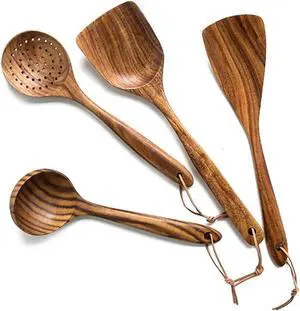 Wooden Spoons for Cooking,4 Pcs Natural Teak Wooden Utensil Set for Cooking,Premium Nonstick Kitchen Utensils, Durable Eco-Friendly Wooden Cooking Tools