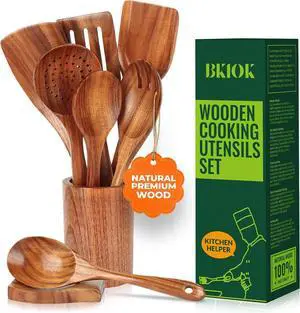 Bkiok Wooden Spoons for Cooking, Teak Wood Kitchen Utensil Set, Handmade Nonstick Utensil Set with Spoon Rest and Utensils Holder (9Pcs)