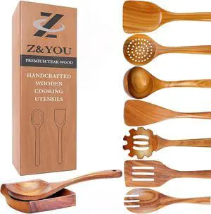 9-Piece Teak Wooden Utensil Set  Wooden Spoons for Cooking with Spoon Rest, Wooden Spatula, and Non Toxic Cooking Utensils  Premium Kitchen Utensils Set for Daily Use