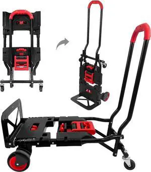 Folding Hand Truck, Portable Dolly Cart with Rubber Wheels and Retractable Handle, 2 in 1 Design 330lbs Capacity Hand Cart Foldable for Transportation/Luggage/Mobile/Travel/Office Use