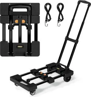 Folding Hand Truck, Dolly Cart with 4 Wheels (2 with Brake) & 2 Elastic Straps, 500 LB Heavy-Duty Cart for Moving, Luggage, Car Seat, Garden Plant, Camping, 26" Max Extendable Plate, Black