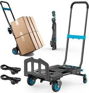 2-in-1 Folding Hand Truck Dolly, 330 lbs Max Capacity TPR Wheels Heavy-Duty Cart, 3-Gear Retractable Handle, for Utility Move Shopping Delivery