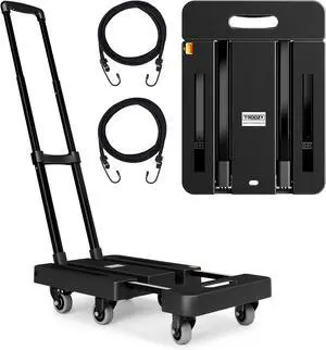 Folding Hand Trucks, Heavy Duty Dolly Cart with 6 Wheels & 2 Elastic Ropes, Foldable & Ideal for Luggage, Travel, Moving, Shopping, Office Use, Hold Up to 500 LB, Easy to Store, Black