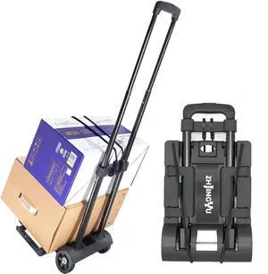 Folding Hand Truck Trolley Dolly, Folding Cart Small Trolley Dolly with Wheels, Lightweight Utility Dolly Expandable Baseplate Small Backpack Portable Luggage Cart for Airport Travel