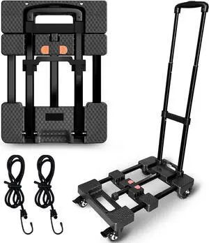 Folding Hand Truck,VDHU Heavy Duty Luggage Cart 550lbs Load-Bearing with 4 Wheels& Brakes &Extendable Base Plate,Dolly Cart with Solid Construction for Travel,Moving,Shopping,Office Use,Black