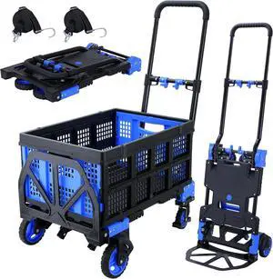 2 in 1 Hand Truck Dolly Foldable with Basket,Hand Truck Foldable with Retractable Handle,330LBS Capacity Folding Hand Cart,Portable Dolly Cart with Wheels for Moving