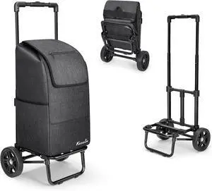 KEDSUM 2 in 1 Shopping Cart for Groceries, 330 lbs Grocery Cart on Wheels, Foldable Utility Carts with Wheels, Load-Bearing Hand Truck with Waterproof Bag for Shopping, Camping, Laundry, Garden, Black