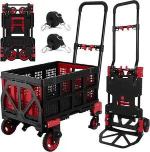 2 in 1 Hand Truck Dolly with Folding Basket,Folding Hand Truck Heavy Duty 330lbs Capacity,Foldable Hand Trcuk with Retractable Handle and Rubber Wheels,Dolly Cart with Bungee Cords for Moving