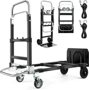 3 in 1 Convertible Hand Truck Dolly with Brakes,Heavy Duty Folding Hand Truck with 600LB Capacity,Portable Dolly Cart with Rubber Wheels and Telescoping Handles for Moving(Black)