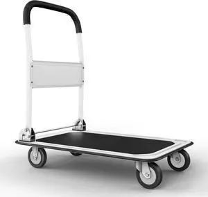 Upgraded Foldable Push Cart Dolly | 330 lbs. Capacity Moving Platform Hand Truck | Heavy Duty Space Saving Collapsible | Swivel Push Handle Flat Bed Wagon - White