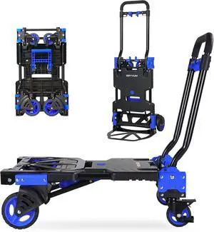 SEYVUM Folding Hand Truck with Brakes, 2 in 1 Dolly Cart with 4 Wheels, Retractable Handle Shopping Cart, Max Capacity 330 lbs, for Moving, Luggage, Shopping, Office