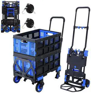 2 in 1 Folding Hand Truck with 2 Folding Basket,330lbs Capacity Heavy Duty Hand Truck,with Telescoping Handle and Rubber Wheels,Portable Dolly Cart with Bungee Cords for Moving,Travel,Shopping
