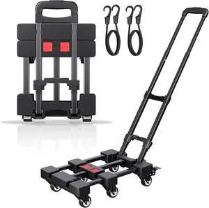 Folding Hand Truck, 500 LB Portable Dolly Cart Heavy Duty Luggage Cart with 6 Wheels & 2 Ropes for Travel, Moving, Shopping