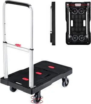 Folding Hand Truck Platform Truck 330 Lbs Heavy Duty Dolly Cart with Wheels, Fully Folded Push Cart, Portable Trolley Utility Cart for Easy Storage, Garage Moving Shopping Home Office