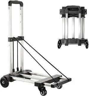 KEDSUM Foldable Hand Truck, 350 lbs Stainless Steel Folding Luggage Cart, Portable Dolly Cart for Moving, Solid Platform Hand Cart with Elastic Ropes, Collapsible Luggage Cart with Wheels for Moving