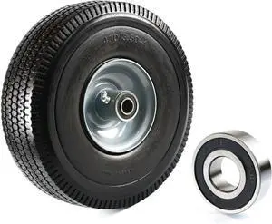 (Set of 2) NK Heavy Duty Solid Rubber Flat Free Tubeless Hand Truck/Utility Tire Wheel, 4.10/3.50-4" Tire, 2-1/4" Offset Hub, 5/8" Bearing with 2 Bearing