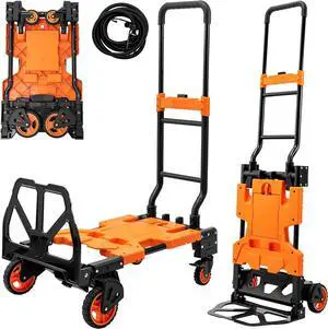 2 in 1 Folding Hand Truck, 400 LBS Capacity Dolly Cart with Wheels, Hand Truck Dolly with 3-Position Height-Adjustable Handle, 59 Bungee Cord with Hooks is Included