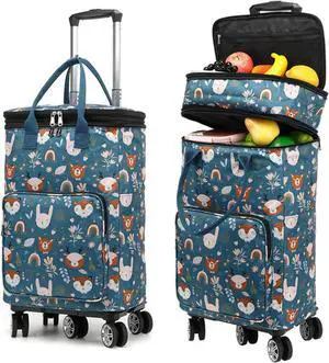 2 in 1 Shopping Cart with Wheels, Portable Utility Dolly, Luggage Cart, Foldable Hand Truck with Built-in Removable Waterproof Bag for Shopping, Camping, Travel (Animal World)