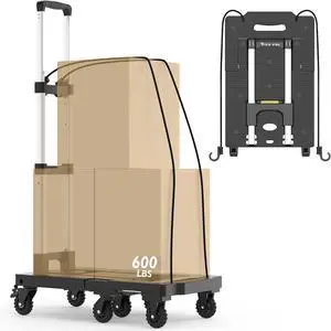 TOOLIOM Folding Hand Truck, 600 lbs Heavy Duty Foldable Luggage Cart with 7 Tank Wheels, Portable Collapsible Dolly Cart with Extendable Base, Utility Cart with Brake Wheels