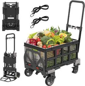 2 in 1 Folding Hand Truck Dolly with Basket, 330LB Heavy Duty Carrying with 4 Wheels Foldable, Retractable Handle Collapsible Cart, Include 2 Bungee Cords, for Moving, Luggage, Office