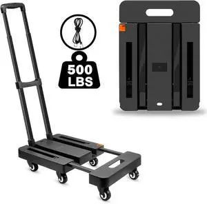 Folding Hand Truck, 500lbs Heavy Duty Luggage Cart, Professional Utility Dolly Platform Cart with 6 Wheels and 2 Elastic Ropes for Luggage, Travel, Moving, Shopping, Office Use, Black