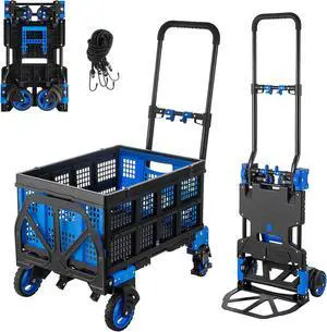 Folding Hand Truck, Heavy Duty Hand Truck Dolly, Convertible Dolly Cart 330lbs Capacity W/Foldable Basket, 2 in 1 Luggage Trolley Cart for Warehouse Home Outdoor Moving