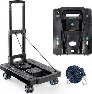 TICONN Folding Hand Truck Dolly, Portable Dolly with Adjustable Handle,Lightweight Luggage Utility Cart with 4 Rotate Wheels
