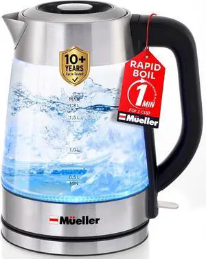 Mueller RapidBoil Electric Kettle 1.8L  Borosilicate Glass & Stainless Steel  BPA-Free Tea Kettle, LED Light, Auto Shut-Off, Boil Dry Protection Water Heater  Fast Heating, Kitchen Appliances