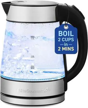 Elite Gourmet EKT-602 Electric BPA-Free Glass Kettle, Cordless 360° Base, Stylish Blue LED Interior, Handy Auto Shut-Off Function  Quickly Boil Water For Tea & More