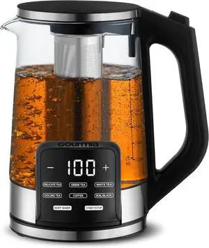 Gourmia Electric Programmable Glass Kettle  1.7L Temperature Control Tea & Coffee Kettle with Digital Touch Display, 6 Presets, Keep Warm, Removable Stainless Steel Infuser, 360° Swivel Base  Black