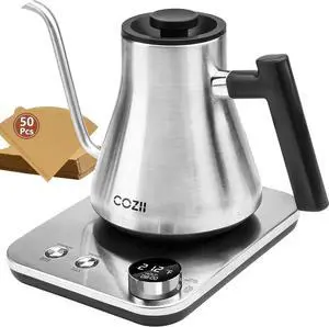 COZII Gooseneck Electric Kettle,5 Presets & ±1 Temperature Control 1200W Quick Heating Water Boiler for Coffee/Tea, 24H Keep Warm, Auto Shut Off Pour Over Kettle with 50pcs Coffee Filter,0.9L Silver