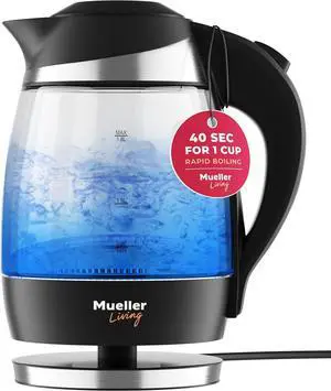 Mueller Living Electric Kettle, Electric Tea Kettle for Boiling Water, 1500W SpeedBoil with Automatic Shutoff, 1.8L Cordless with LED Light, Borosilicate Glass Tea Kettle Pot Water Heater, BPA Free